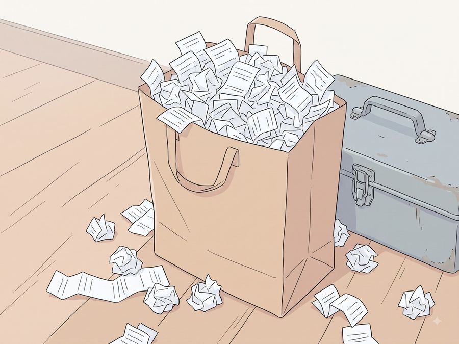 紙袋いっぱいの領収書と工具箱